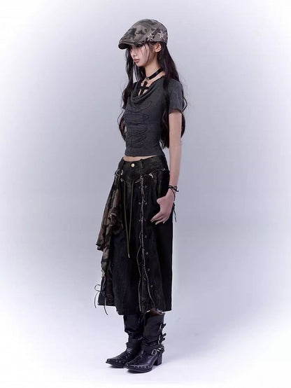 Dark Gray Cowl Neckline Cross Cutout Detail T-Shirt