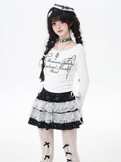 リボンプリントレースのスイートトップトリム、ドローストリングウエスト、ホワイト/ブラック