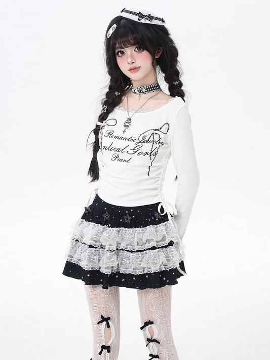 リボンプリントレースのスイートトップトリム、ドローストリングウエスト、ホワイト/ブラック