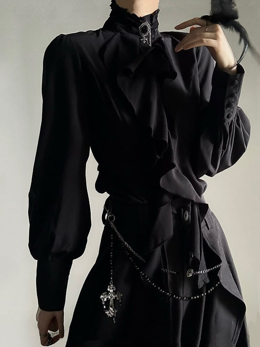 Ouji Lolita Vintage Black Bishop Sleeve Shirt with Cascading Ruffles & Detachable Obsidian Necklace
