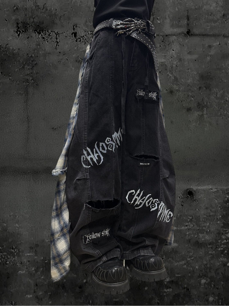 Letter Distressed Black Pattern Two-piece with Y2K Holes Jeans Wide-leg