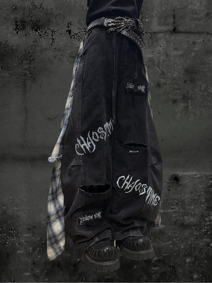 Letter Distressed Black Pattern Two-piece with Y2K Holes Jeans Wide-leg