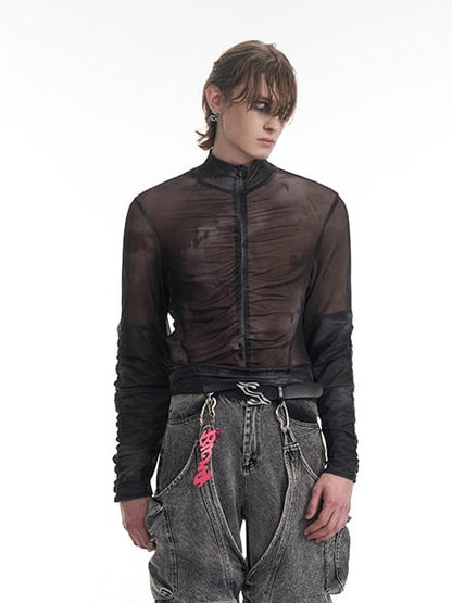 Black Mock Ruched in Mesh Sheer Top Neck Zip-up Men's Gray