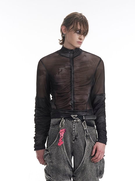 Black Mock Ruched in Mesh Sheer Top Neck Zip-up Men's Gray