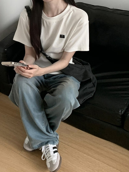 グレー/ホワイト ラウンドネック Tシャツ