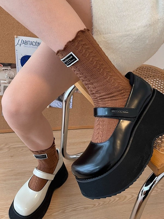 3 Socks Patch Cotton Cable with Ruffled Knit Colors Decoration