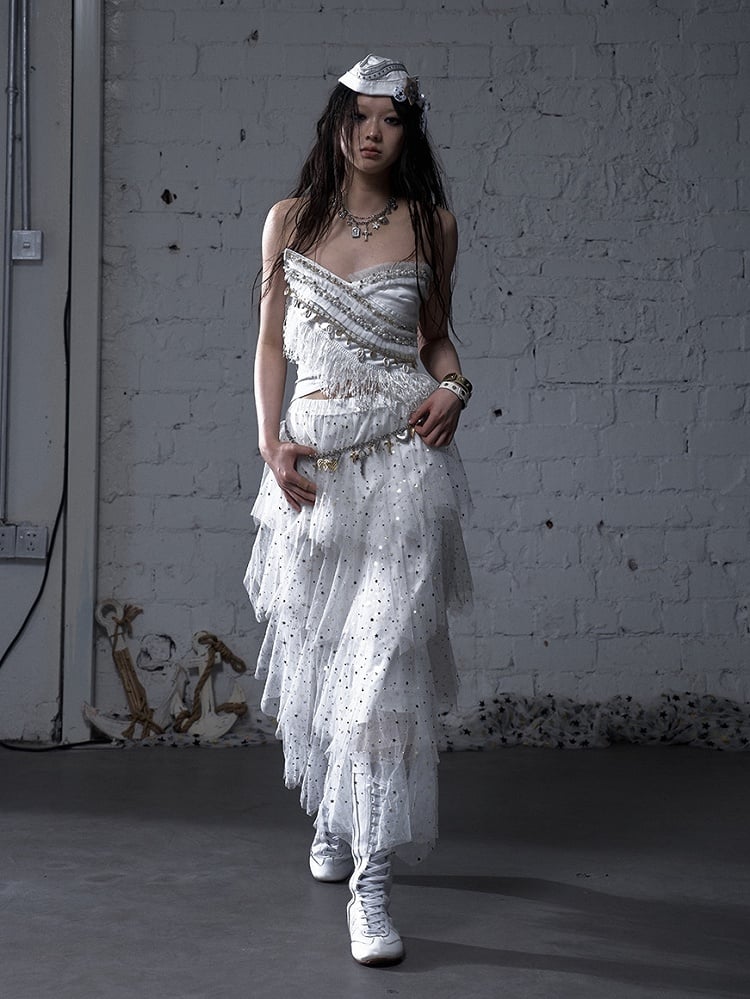 Black/White Crossover Design Bead Hem Details Fringe Baroque