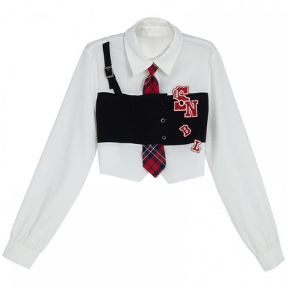 チェック柄ホワイトブラックスタイルバックルプレッピーレターアップリケストラップタイシャツ