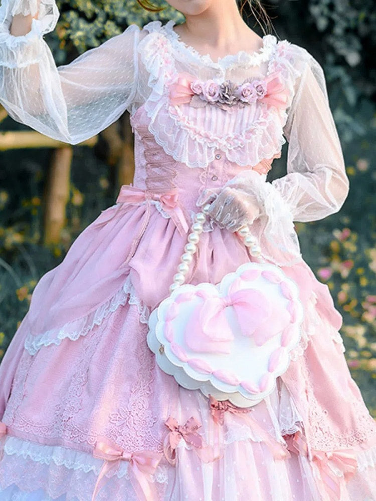 Two with Adjustable Handle Lolita Bag Strap Available Pearl Colors Bow Detail Heart-Shaped