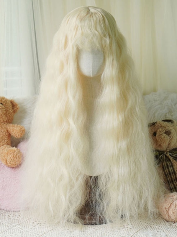 Schwarz/Karamell/Blond/Hellblond, hüftlange, gewellte Perücke mit lockigem Pony