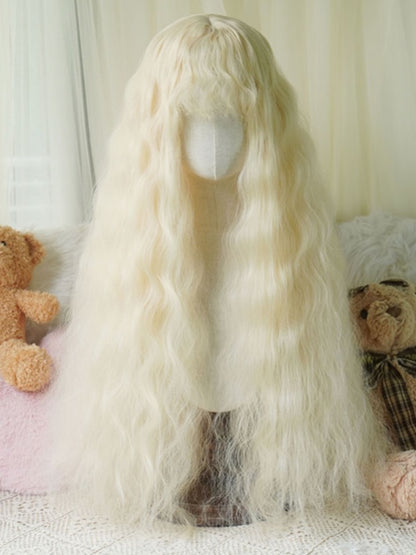 Schwarz/Karamell/Blond/Hellblond, hüftlange, gewellte Perücke mit lockigem Pony