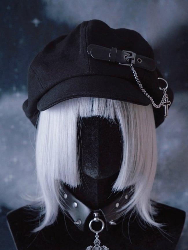 Gothic Beret Chain Buckle with Black Handmade PU Cross