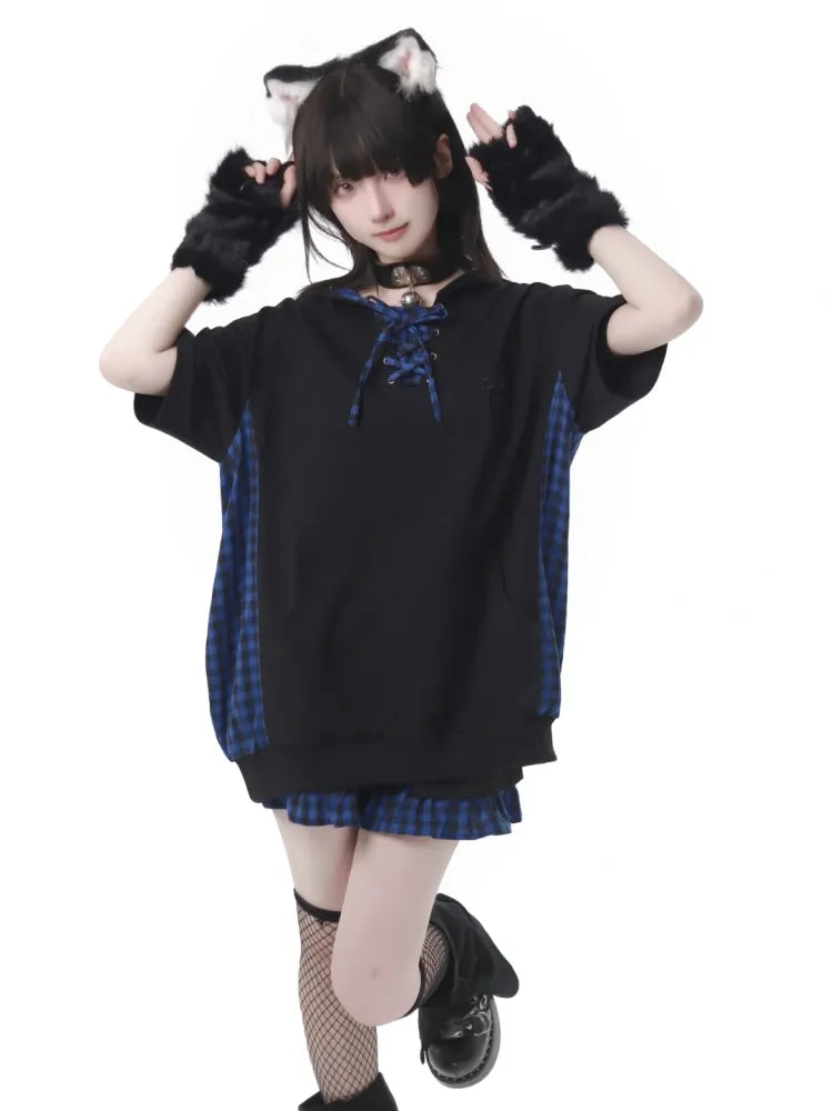 Blue Sleeves Black Short Plaid Hoodie Pattern and Dark