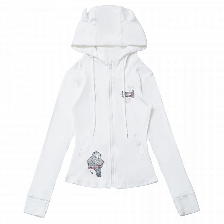 長袖、トップジップ開閉、ブラック/ホワイトのデビルホーンデザインフード