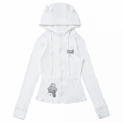 長袖、トップジップ開閉、ブラック/ホワイトのデビルホーンデザインフード