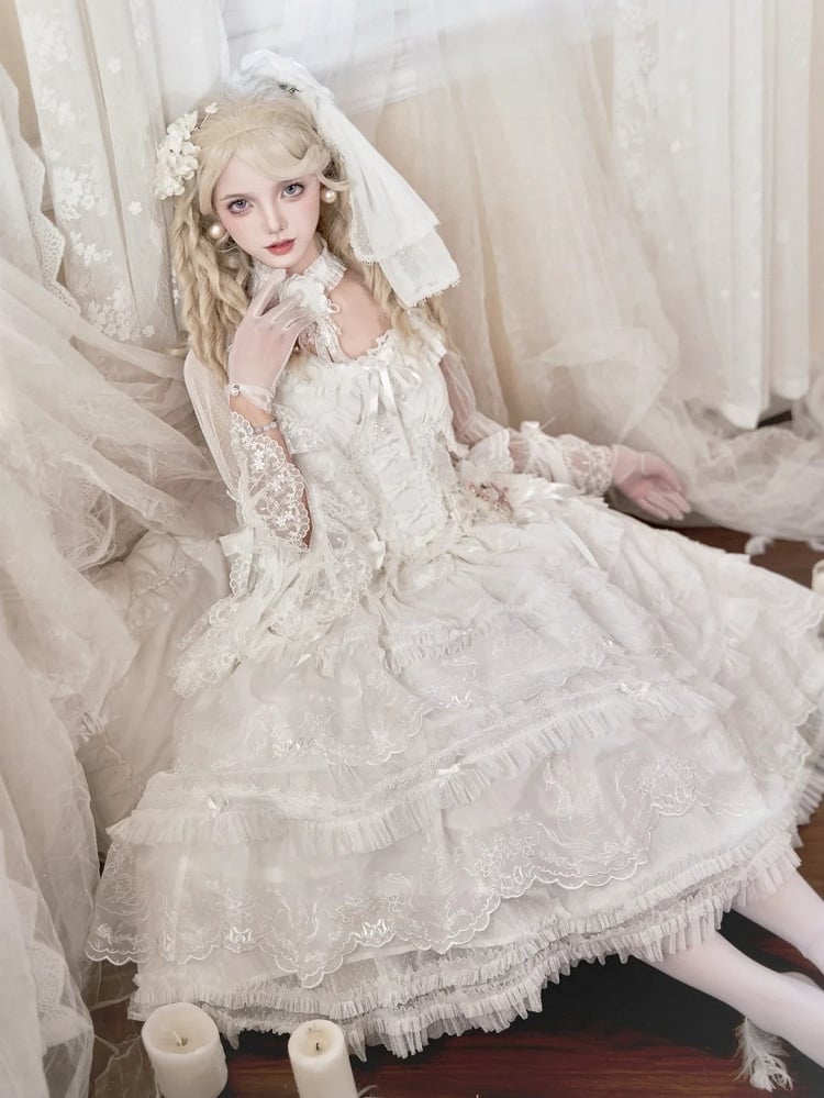 Skirt Scallop Embroidered Trim Ruffles Elegant White Lolita Classic Tiered