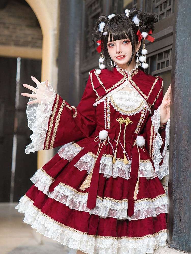 レッドロングスリーブクロップドトップバンドカラーボレロ