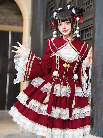 レッドロングスリーブクロップドトップバンドカラーボレロ