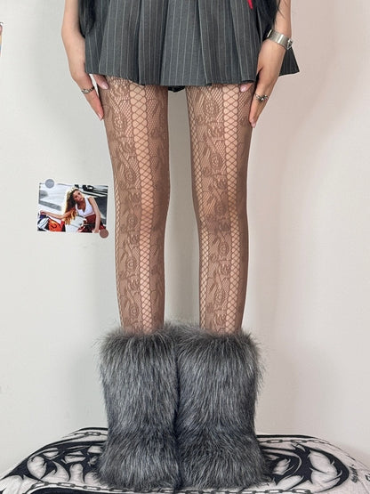 Strumpfhose Cut-out Rosette Schwarz/Weiß/Braun/Lila Y2K Design Muster