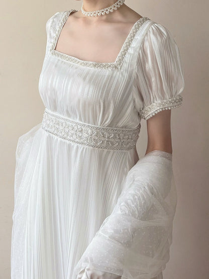White Square Neckline Empire Dress Lolita OP with Bead Details - sanshanjiu