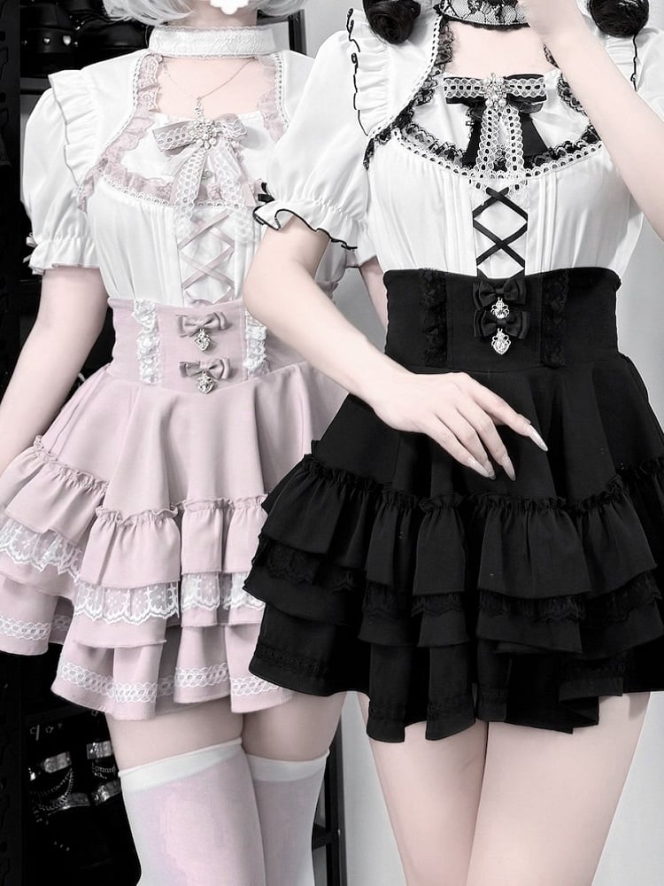 Monochrome Ruffle Sleeve Blouse with Lace, Bow and Choker Accents - GingaU