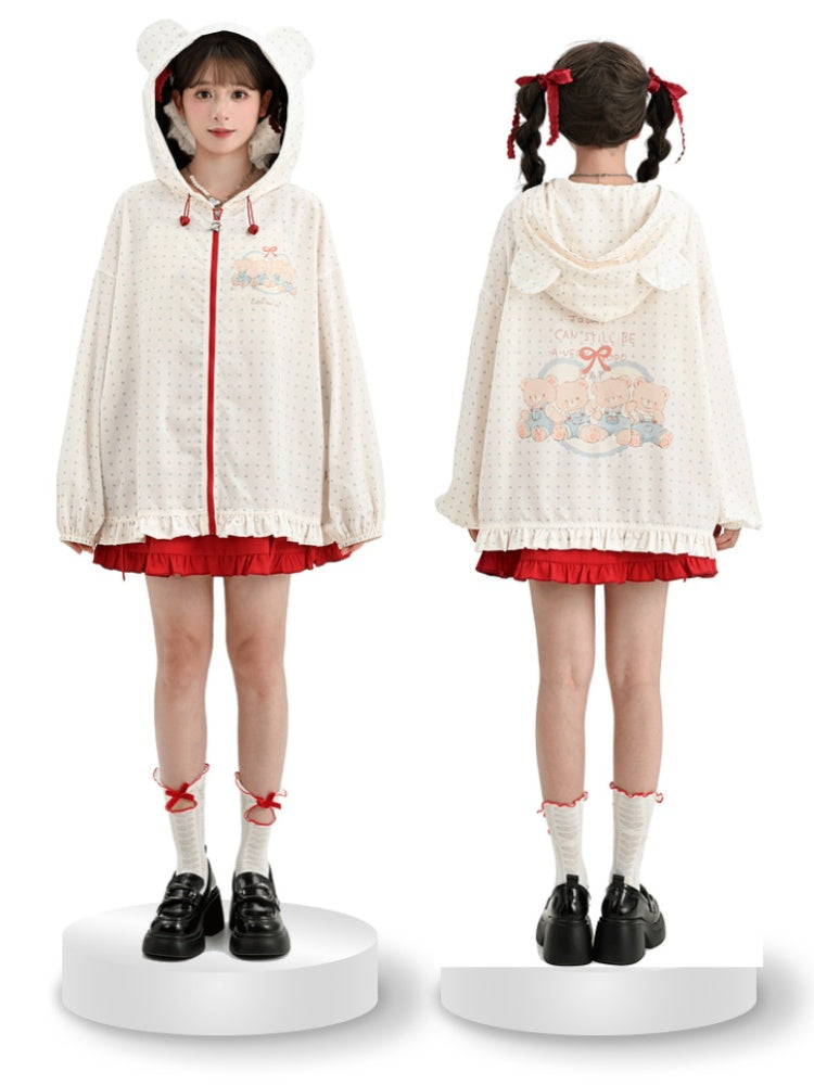 日焼け防止ジャケット ベアバイブス スノーフード ホワイト 水玉耳デザイン ホワイト 愛らしい