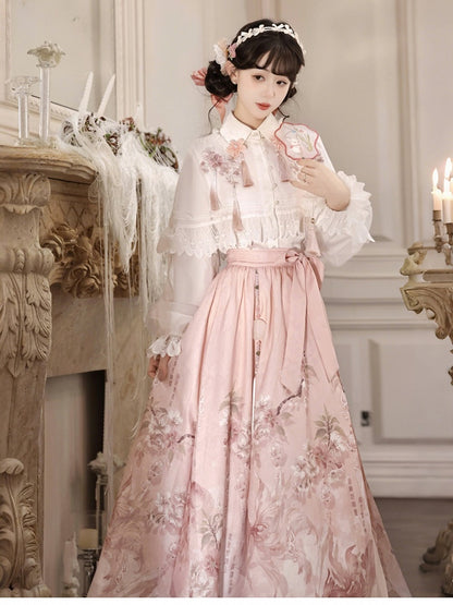 Pink Embroidered Floral Lace-Edged Hanfu-Style Lolita Cape in White - Han Ru Chu Hanfu &amp; Han-Element Studi