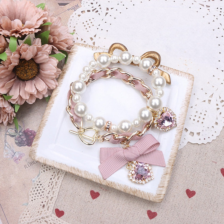 Jirai Kei Double-Layer Pearl Heart Bracelet by ZHUZHU's Handmade