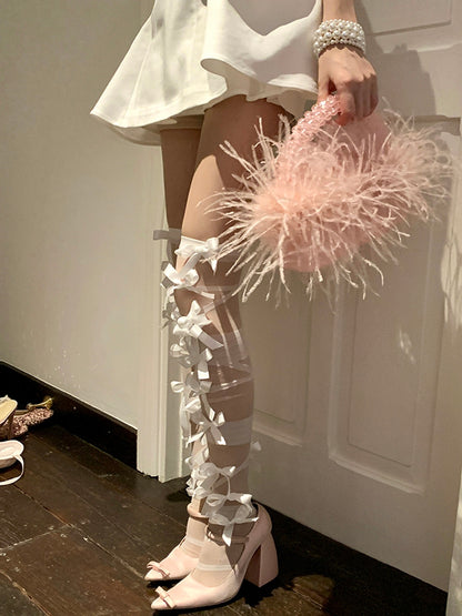 Crisscorss Details Overknee-Strümpfe mit Schleife und Bändern, Weiß/Schwarz