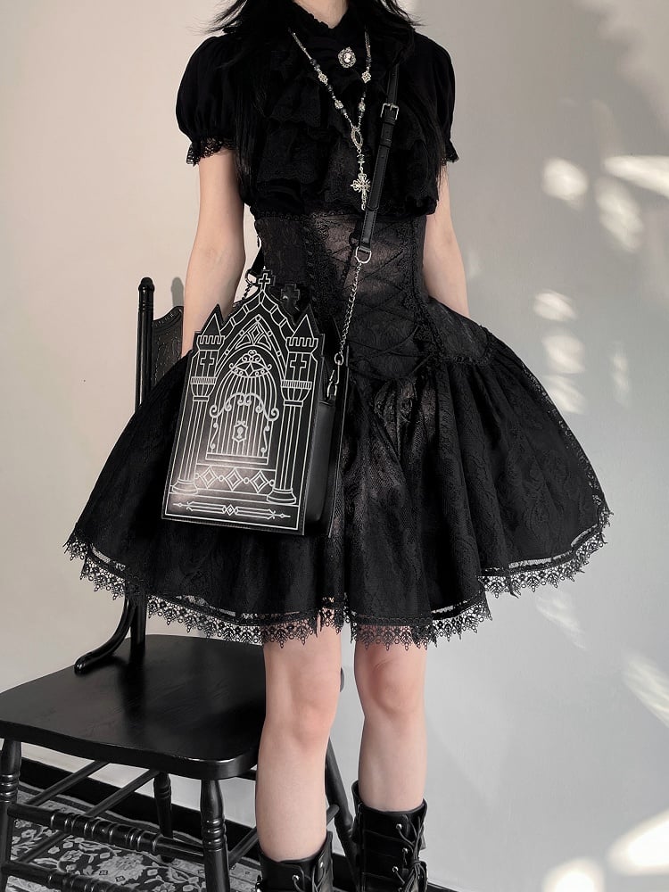 Ruffle Shirt Sleeves Neckline Gothic Kuro Lolita Black Short