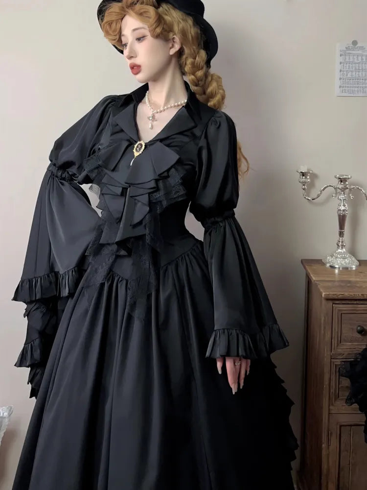 Schwarz / Dunkelblaues Aristocrat Gothic Hemd mit langen Glockenärmeln