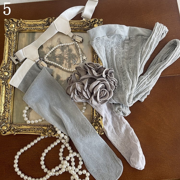 and Beaded Charms/Floral Underknee Trims Hollow-out Socks/Gray Stockings Tights/Leg Gray Star-shaped with strands Loop Semi-sheer