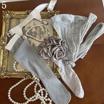 and Beaded Charms/Floral Underknee Trims Hollow-out Socks/Gray Stockings Tights/Leg Gray Star-shaped with strands Loop Semi-sheer