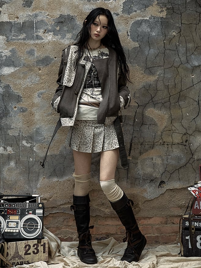 Braune und graue Punk-Streetwear-Leopardenjacke