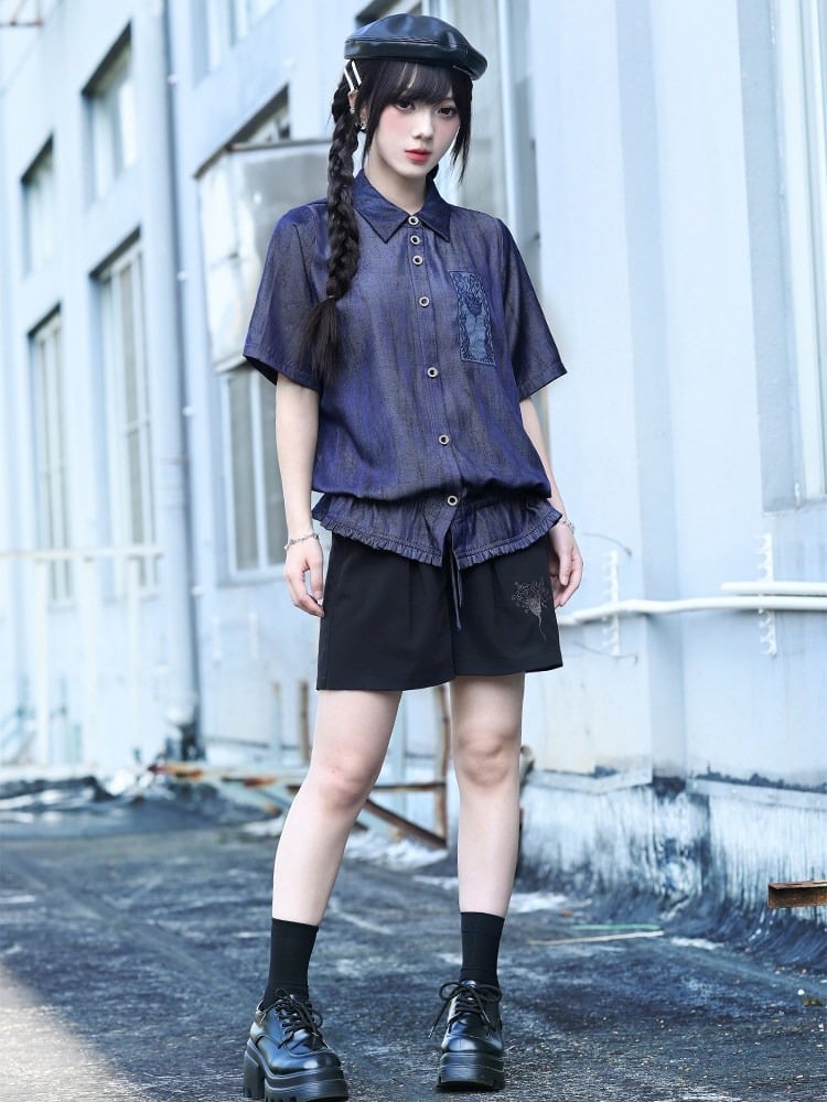 Purple Short Sleeve Shirt with Sea Lily and Drawstring - Quirky Hut