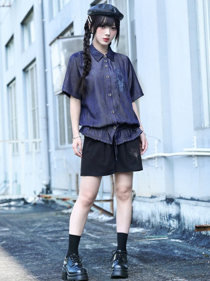 Purple Short Sleeve Shirt with Sea Lily and Drawstring - Quirky Hut
