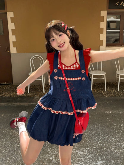 Buttons Faded Wash Denim Bubble Skirt Plaid Blue Elastic Waist