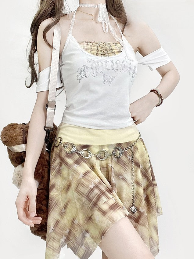 Pattern Rhinestone Plaid Neck Glamorous Top White Y2K Halter