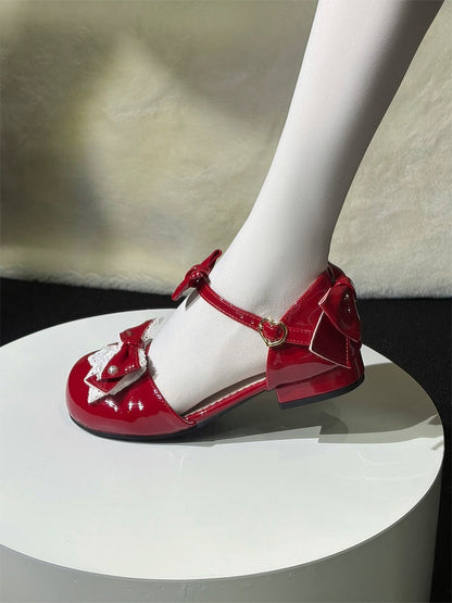 Red Bow Lace Round-Toe Low Heels with Heart Buckle - Fairy Godmother