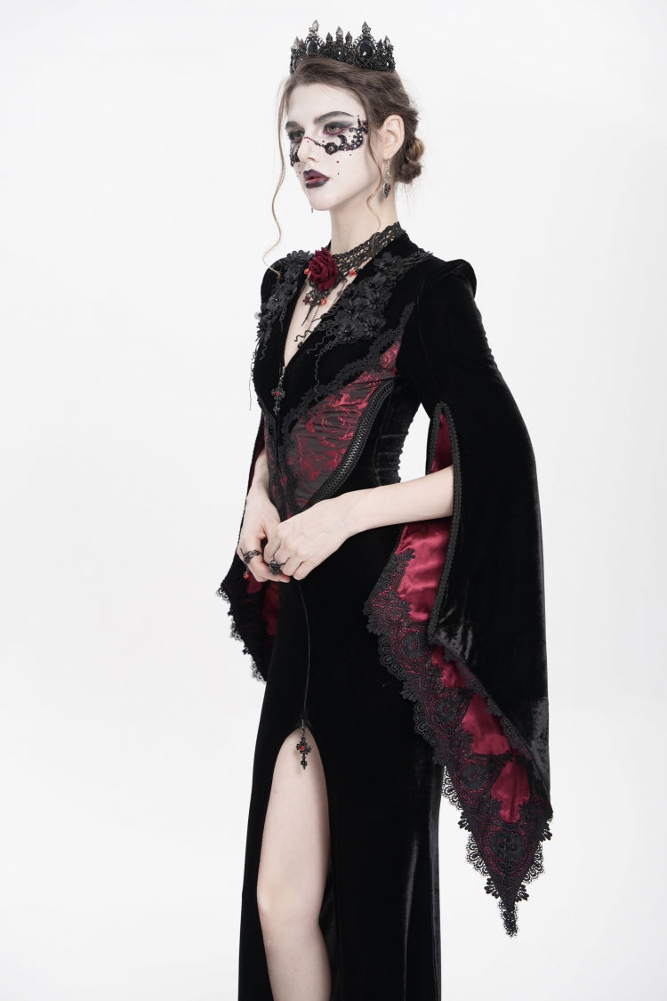 Black and Red V-Neck Long Trumpet Sleeves Floral Embroidered Velvet Gothic Dress
