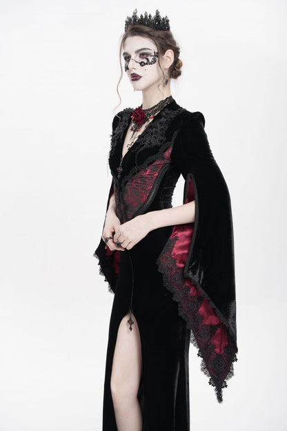 Black and Red V-Neck Long Trumpet Sleeves Floral Embroidered Velvet Gothic Dress