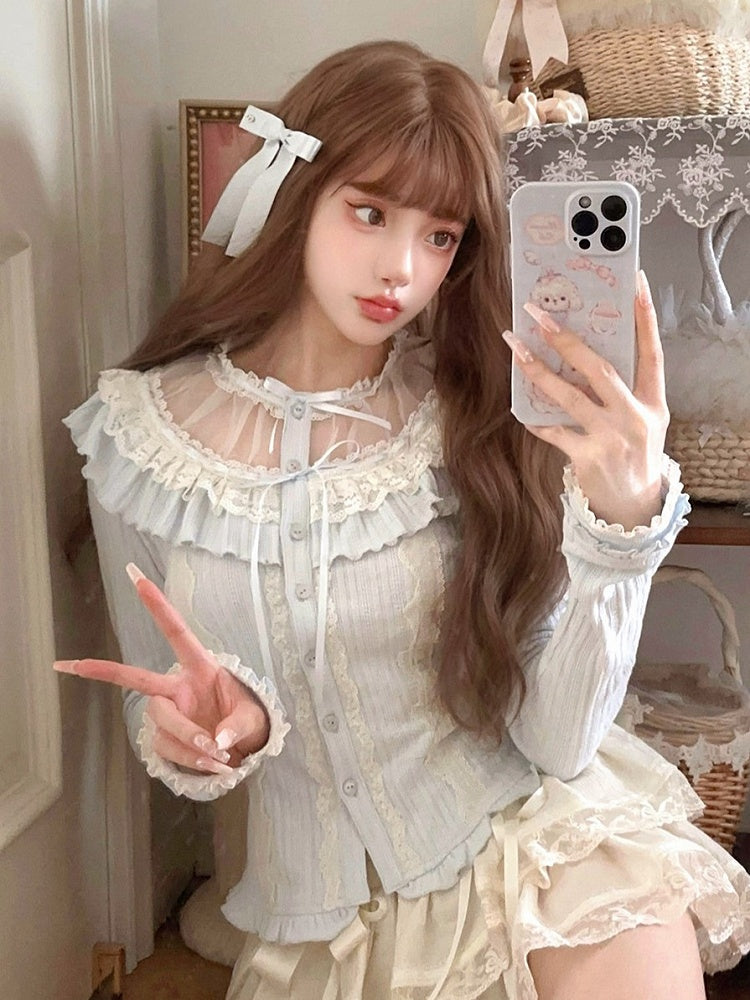 Strickcardigan Schleife Rüschen Spitze Blau Vintage