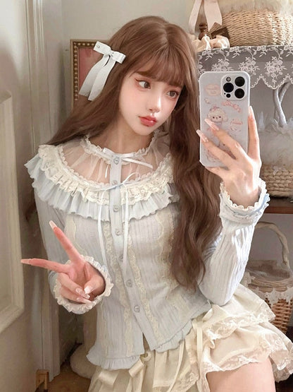 Strickcardigan Schleife Rüschen Spitze Blau Vintage