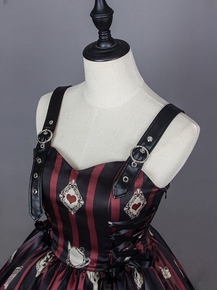 Card Punk Lolita Kleid Rot mit Spiel- und schwarz gestreiften Drucken