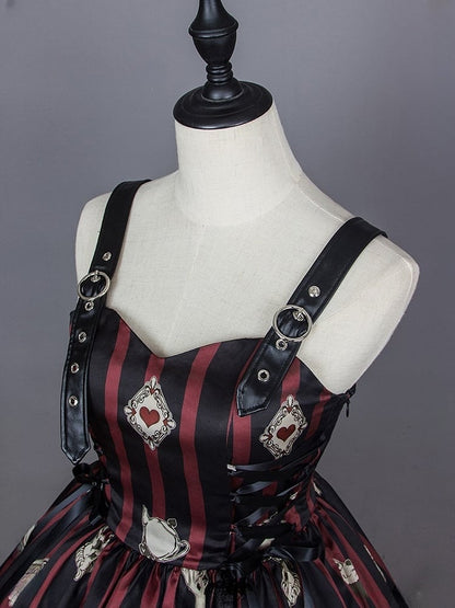Card Punk Lolita Kleid Rot mit Spiel- und schwarz gestreiften Drucken