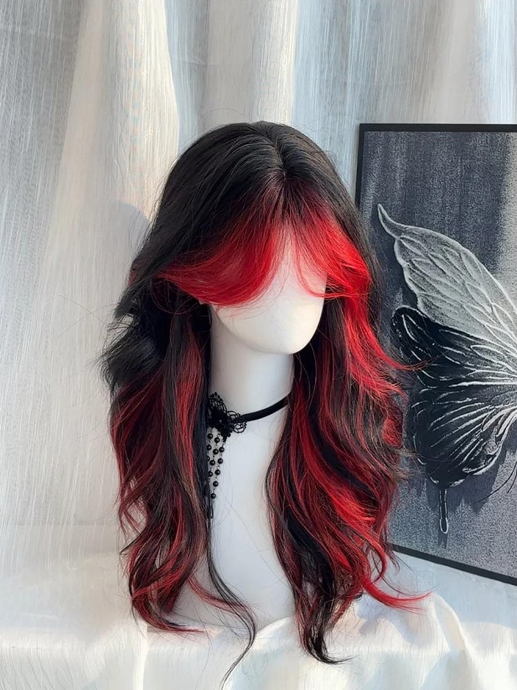 Wig Highlight with Curtain Wavy Long Black Bangs Red 65CM