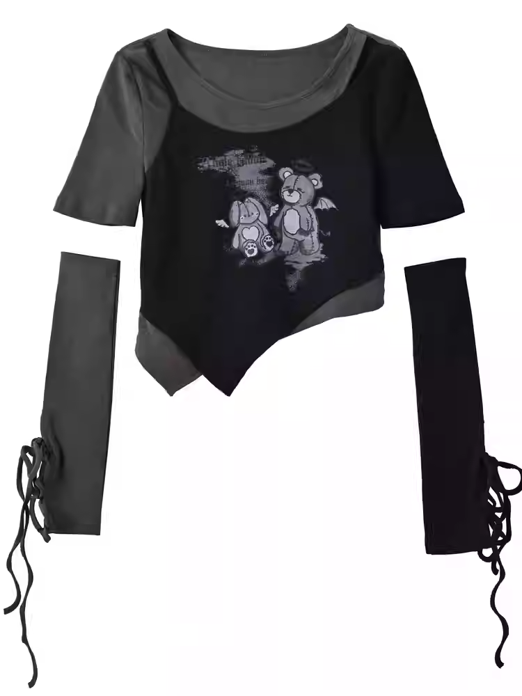 ブラックテディベア アシンメトリーヘム フェイクツーピース クロップドTシャツ（レースアップグローブ付き）