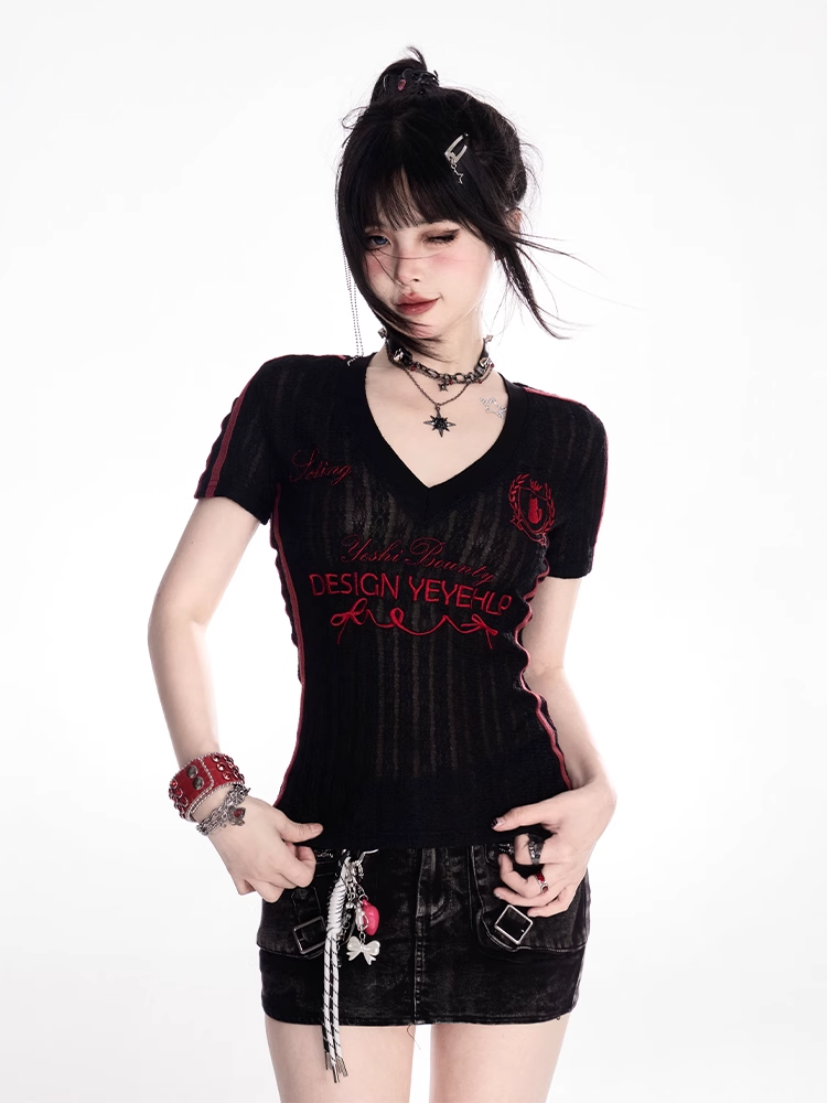 ブラック/ホワイト Vネック レター刺繍 セミシアーTシャツ