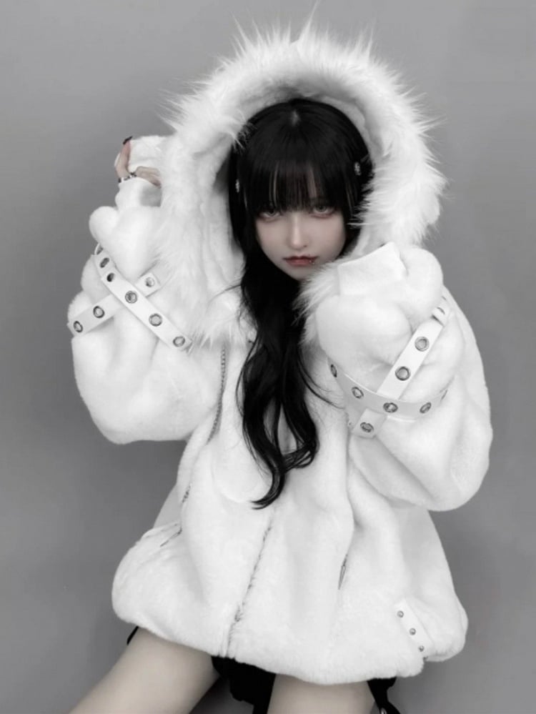 Jirai Kei White / Black Plush Lamb Ear Hooded Coat with Crossed Eyelet Straps and Back Cross Applique