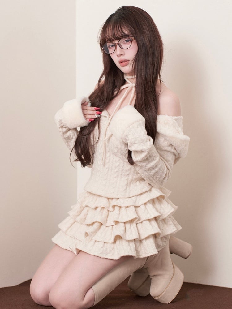 White Skirt Knit Jirai Multi-Layered Ruffle Kei